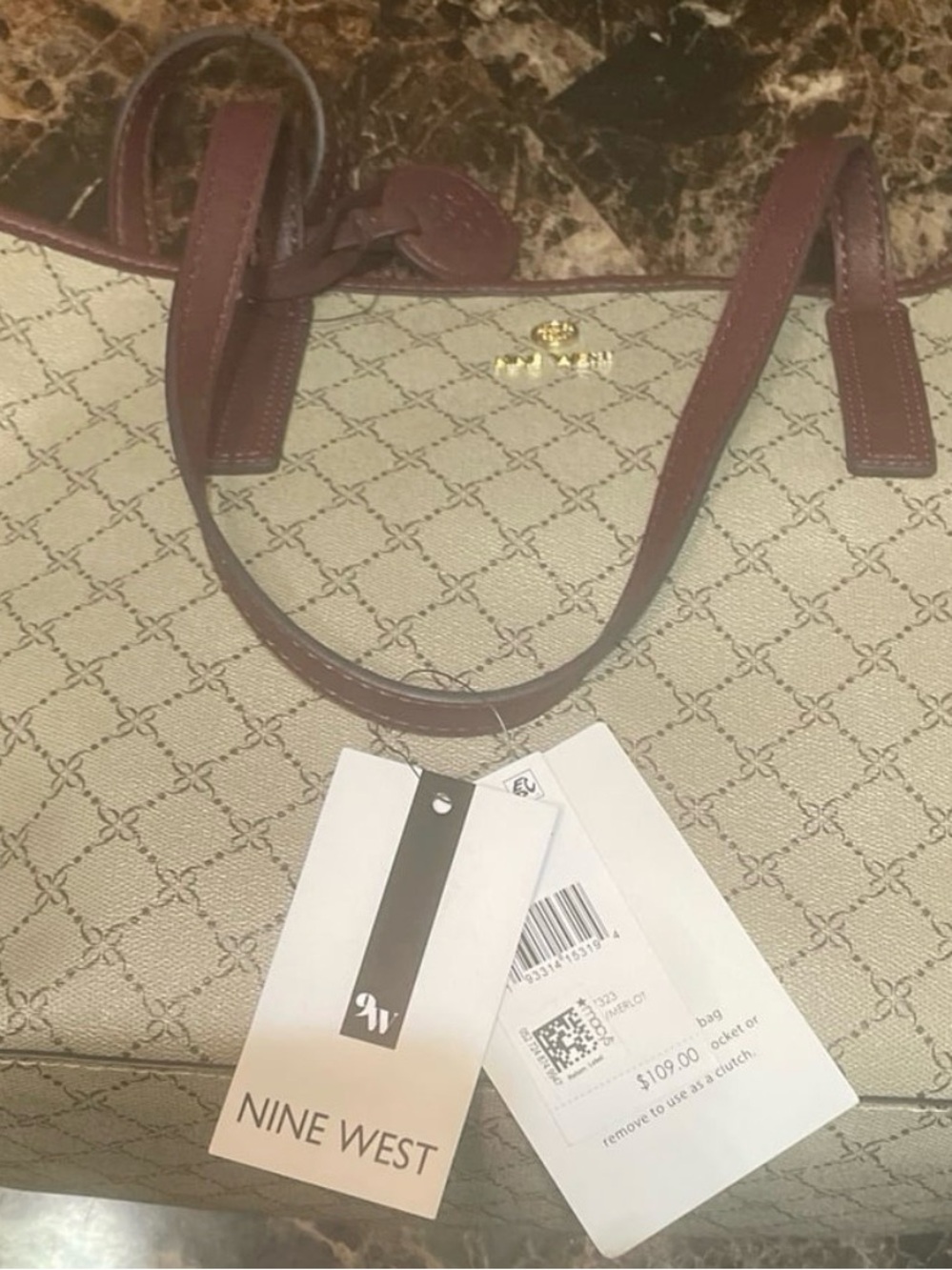 Nine West Cream Tote with Brown Handles and Trim